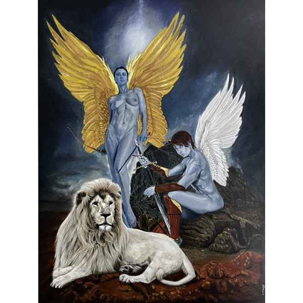 Oil Painting of Guardian Angels and white lion